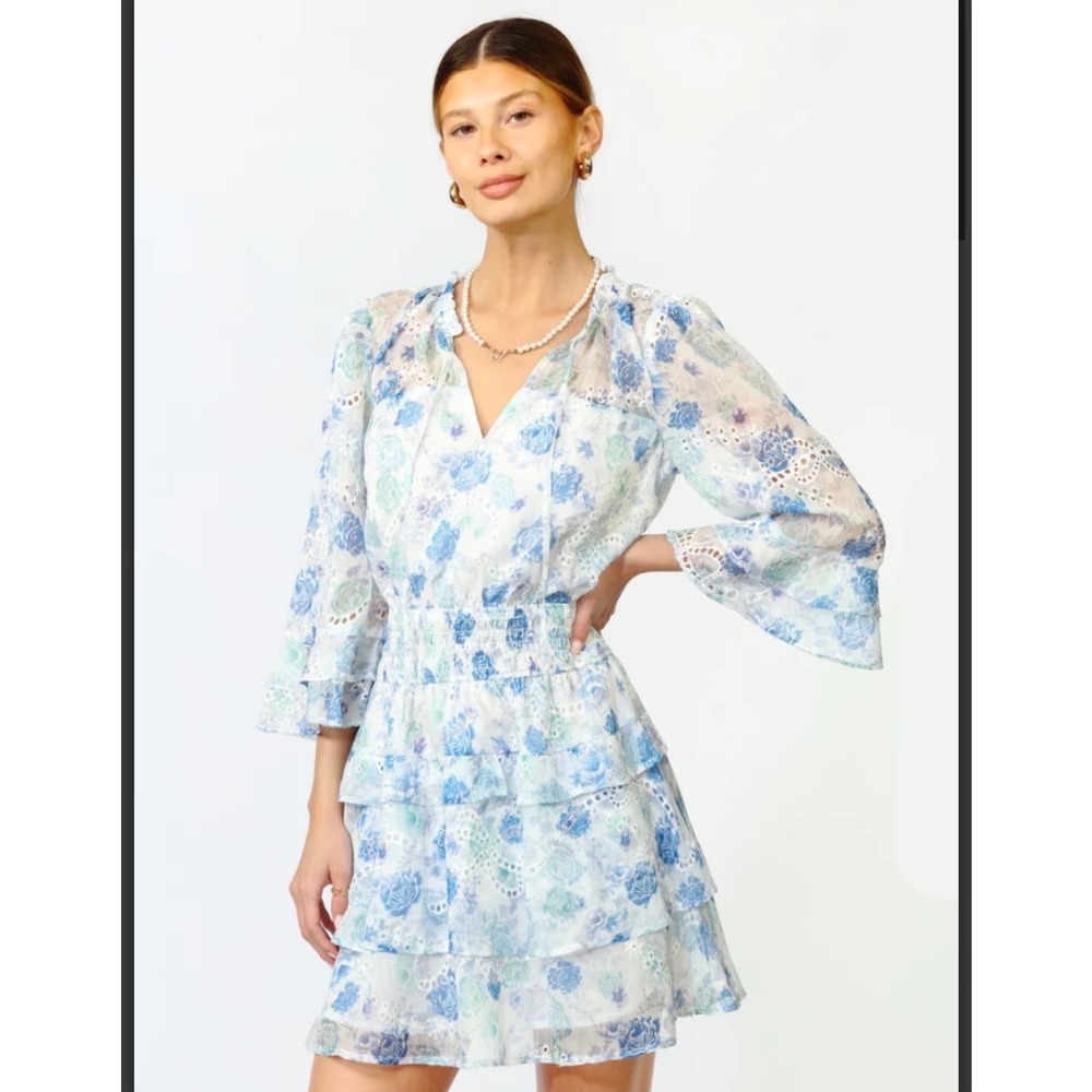 Adelyn Rae Cottagecore Floral Mini Dress XL Blue White Tiered Ruffle Smocked